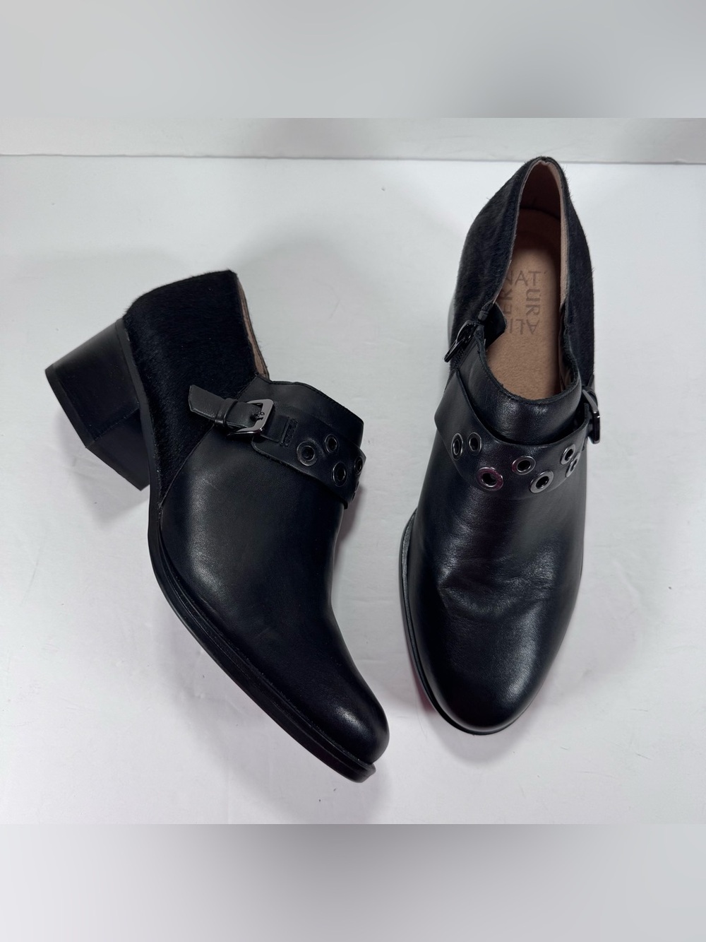 Naturalizer Delta Calf Hair Black Leather Block Heel Ankle Booties Women 8.5W